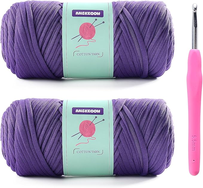 2 Skeins T-Shirt Yarn for Crochet - Soft Ribbon Yarn for Bags, Baskets, Home Decor - 7oz, 65yd Each With Crochet Hook (Purple)