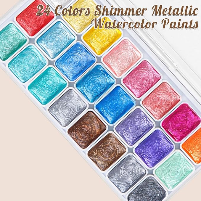 Mini Metallic Watercolor Paint Set, 24 Colors Glitter Watercolor Paint with Watercolor Paper Brush, Artists' Collectible Editions Gifts for Beginner Artists Adults Aged 14+ Mothers Day Gifts for Mom
