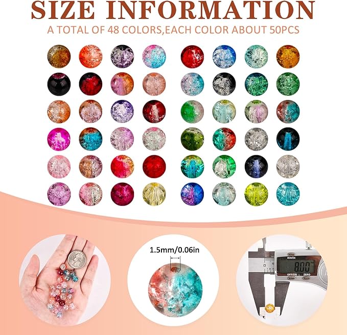 XSEINO 2400 Pieces 8mm Crack Glass Beads for Jewelry Making,48 Dazzling Colors Round Glass Beads for Making and DIY Crafts