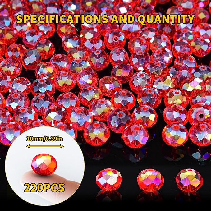 laopottbeads 220pcs 10mm crystal glass beads for jewelry making beads for bracelets necklace pendants making supplies(red)