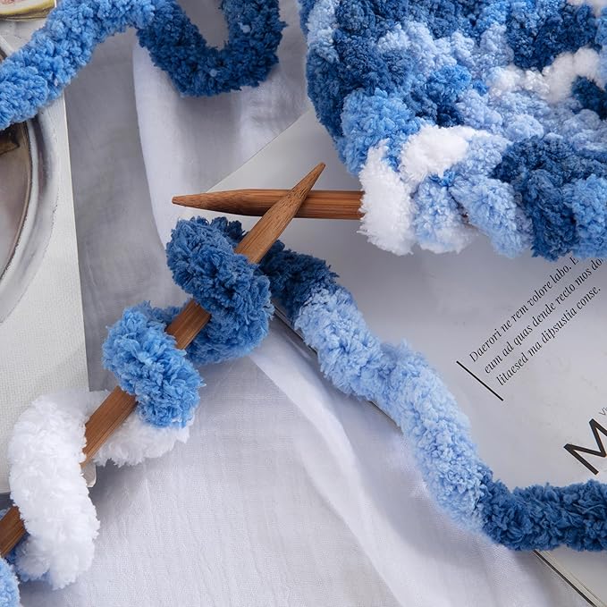 HOMBYS Chunky Tie Dye Mix Chenille Yarn for Hand Knitting, Super Bulky Jumbo Yarn for Crocheting, 3/4" Thick Soft Plush Yarn for Blankets, 8 Skein Pack (26 yds / 7.5 oz Each) Blue, White