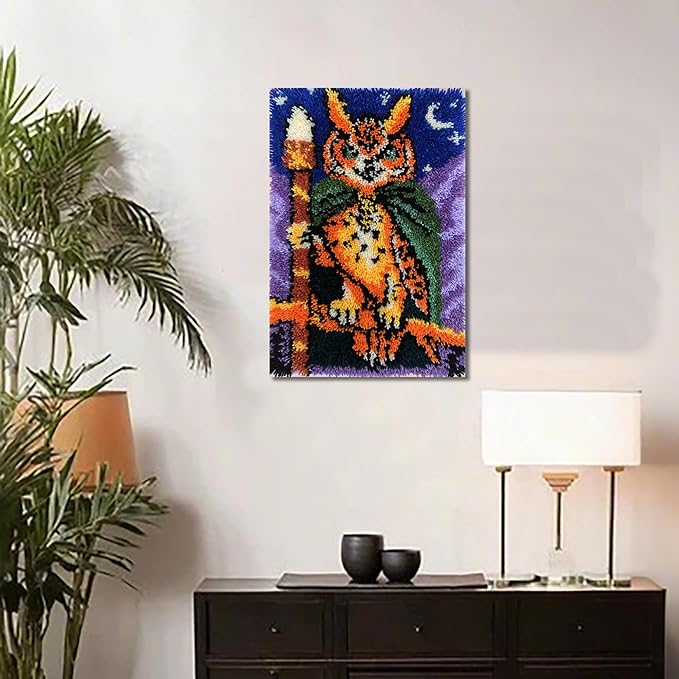 KitsMaster Owl Wizard Latch Hook Kit - Woodland Animal Rug DIY with Pre-Printed Canvas, Moon & Stars Design, Easy Craft Kit, 23.6''x15.8'' (Whimsical Forest Watcher)