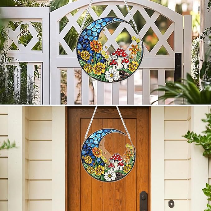 MXJSUA Flower Mushroom Diamond Painting Art Window Suncatchers, Diamond Art Kits for Adults Hanging Ornaments with Chain, 5D Special Shape Crystal Diamond Pendant Accessories for Decor Gift 8x8 Inch