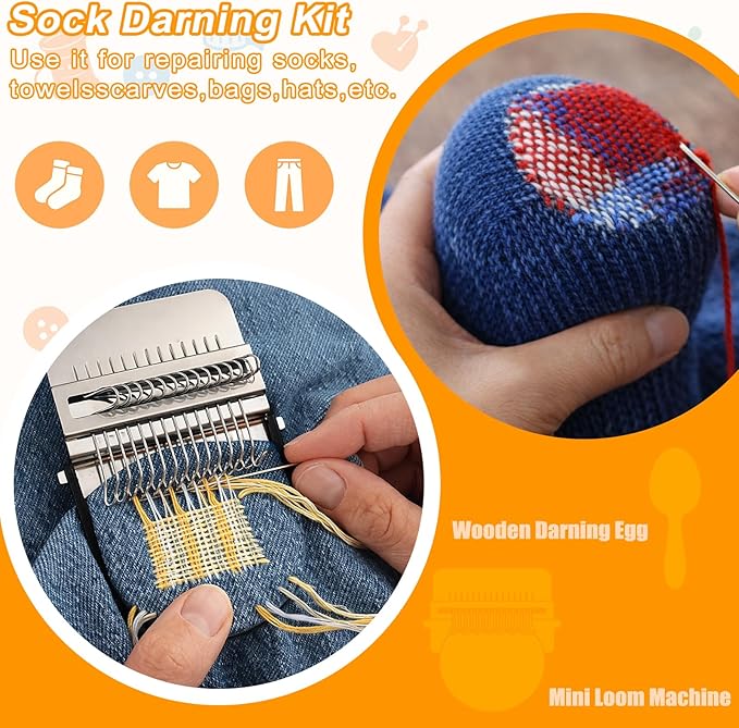 Knit Patch Kit, Mini Darning Loom, Darning Egg Weaving Tool Include Small Weaving Loom with 14 Large Eye Needles 50 Colors Thread for Visible Mending Jeans, Socks and DIY Fabric Repair (Natural Wood)