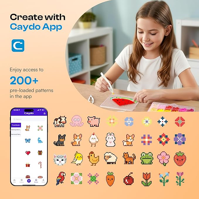 Caydo Fuse Beads Kit with Pattern-Generating App, 10500PCS 36 Colors 5mm Beads for Beginners with Pegboardx, Ironing Paper, Tweezers & Keychain Accessories for 5+Girls Home & School Projects, Gift