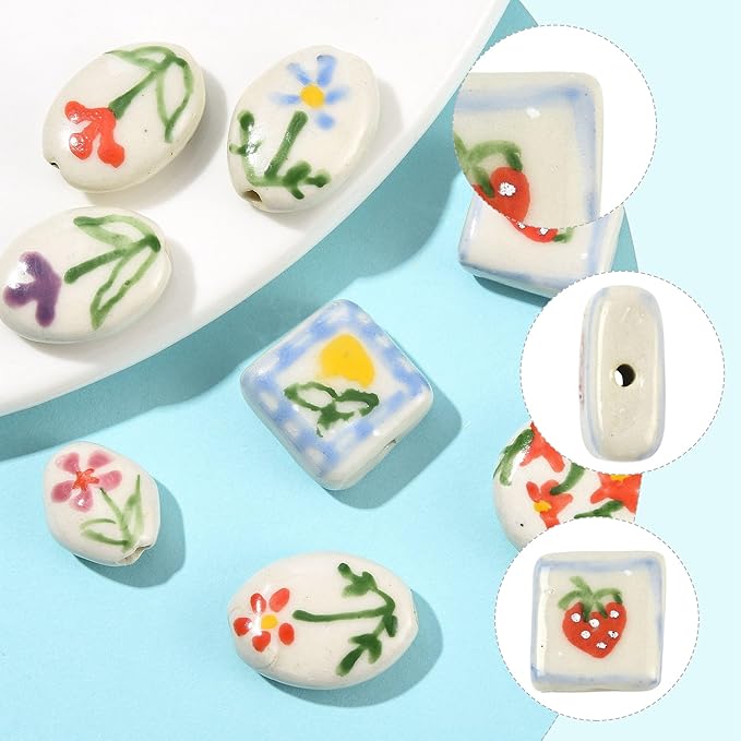8Pcs Flower Porcelain Beads for DIY Jewelry Mixed Shapes Handmade Round Square Oval Floral Spacer Beads for Necklaces Bracelets Earrings Keychains Making and Crafting