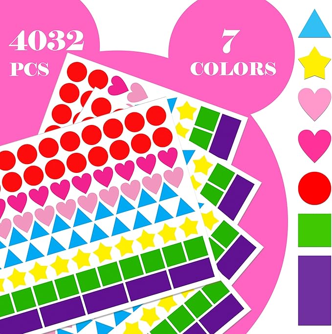yshihe multi shape stickers - 4032 pcs, 7 colors, 6 shapes (round, hearts, stars, triangle, square, rectangle) for toddlers, kids, diy, classroom, office