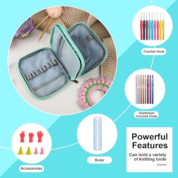 LOOEN Crochet Hook Case with Zipper and Web Pockets for Crochet Needles/Knitting Accessories - Lightweight Organizer Bag for Crochet Hook Kit Tools