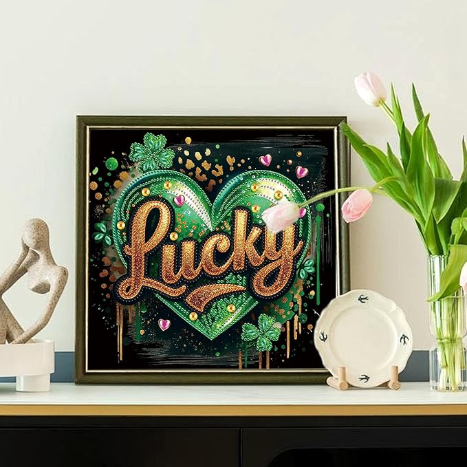 MVVMTOP Diamond Painting Kit St Patrick’s Day Lucky Shamrock Heart Special Shaped 5D Partial Crystal Diamond Art DIY Wall Decor Holiday Gift