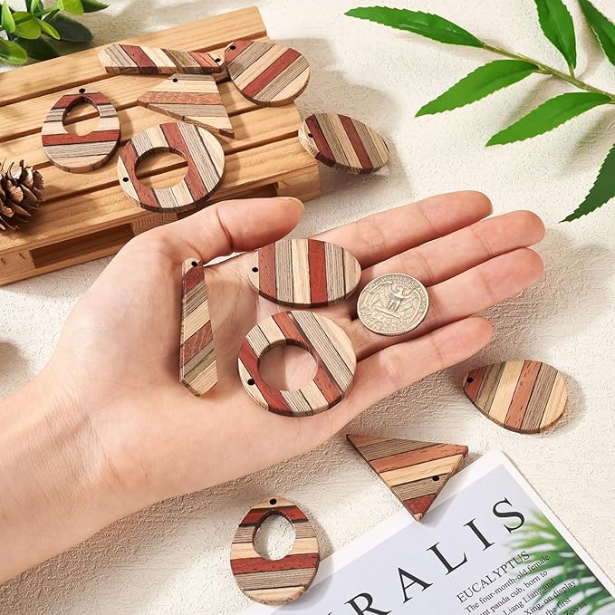 Beadthoven 12pcs/6 Pairs Natural Wood Charms DIY Earrings Pendants Colorful Striped Dark Red Rustic Wooden Pendants Mix Wood Pieces for DIY Jewelry Making Bohemian Earrings Necklace Accessories