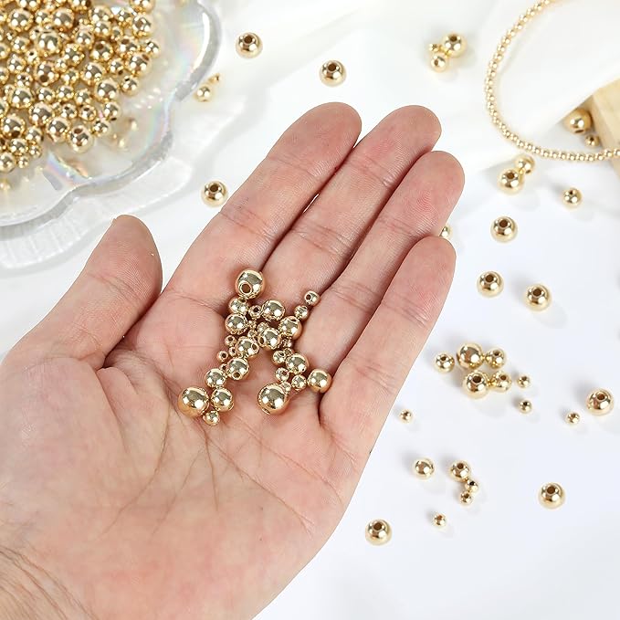 1100 Pcs Smooth Round Beads - 3/4/6/8mm Gold Spacer Loose Ball Bead Kits for Bracelet Jewelry Making