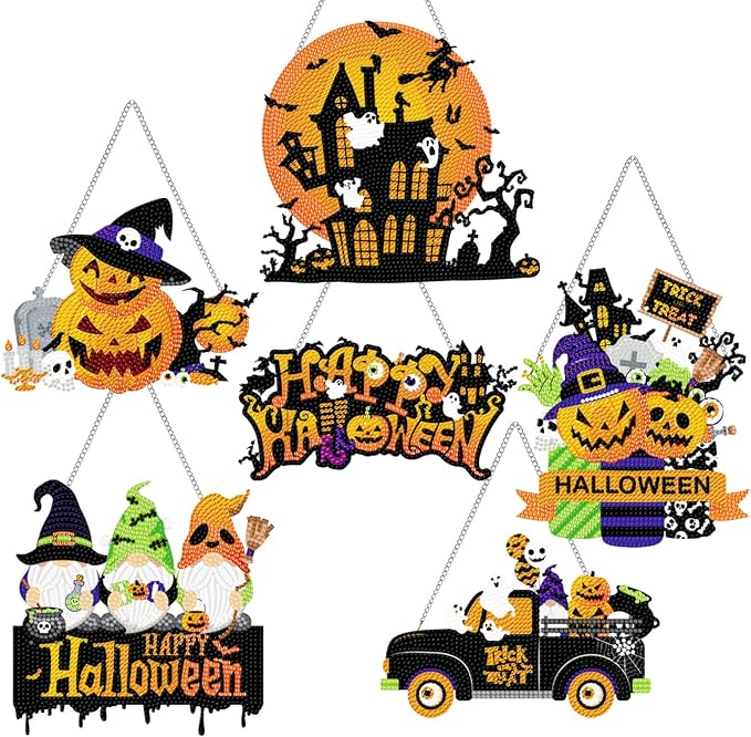 Zonon 6 Pcs Halloween Diamond Painting Hanging Sign Set 5d Gnome Pumpkin Diamond Art Set for Adults DIY Art Pendant Ornaments Kits Acrylic Bat Skull Ghost Truck for Halloween Wall Door Window Decor
