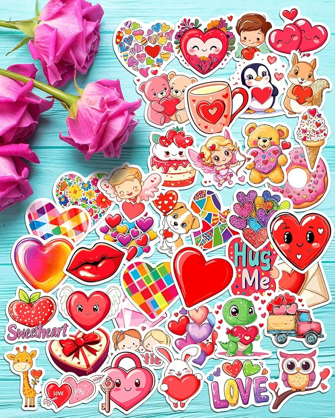 100pcs valentines stickers for kids, bulk heart stickers for valentines day gifts for kids classroom school exchange, vinyl decals, crafts, party favors, goodie bags decorations