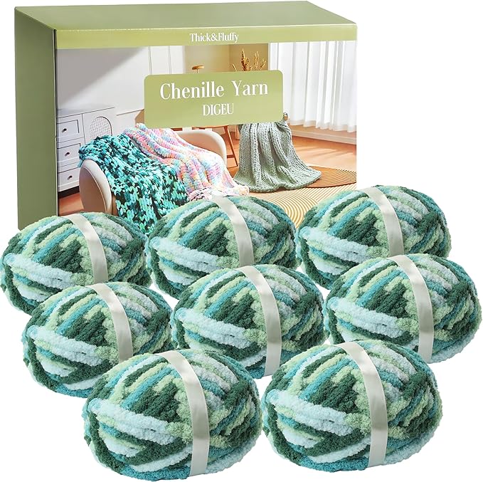 Chunky Chenille Yarn for Hand Knitting 8 Jumbo Pack Chunky Yarn for Hand Soft Blanket Knitting, Bulky Thick Fluffy Yarn for Crocheting (Sea of Clouds)