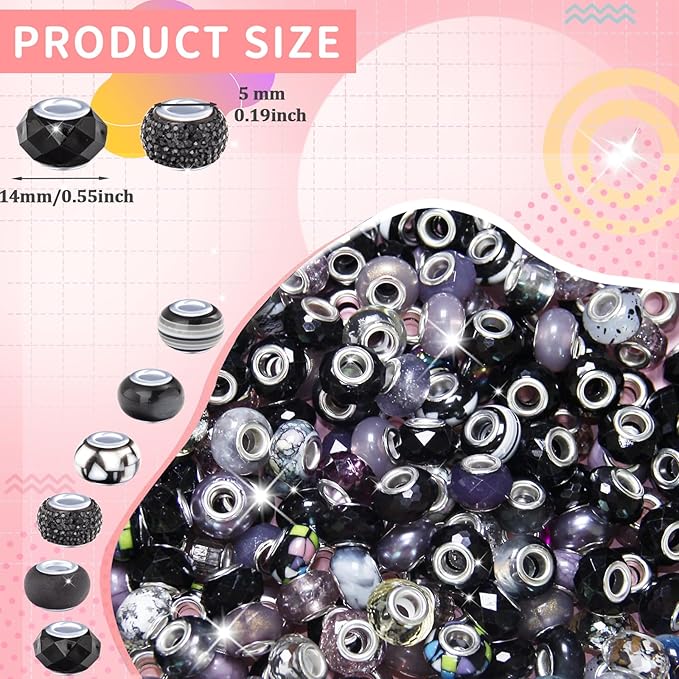 60Pcs Black Large Hole Beads, European Craft Big Beads, Large Hole Lampwork Murano Bead, Fairy Wand Garden Bead, DIY Charm Bracelet Necklace Jewelry Making Decoration Supplies