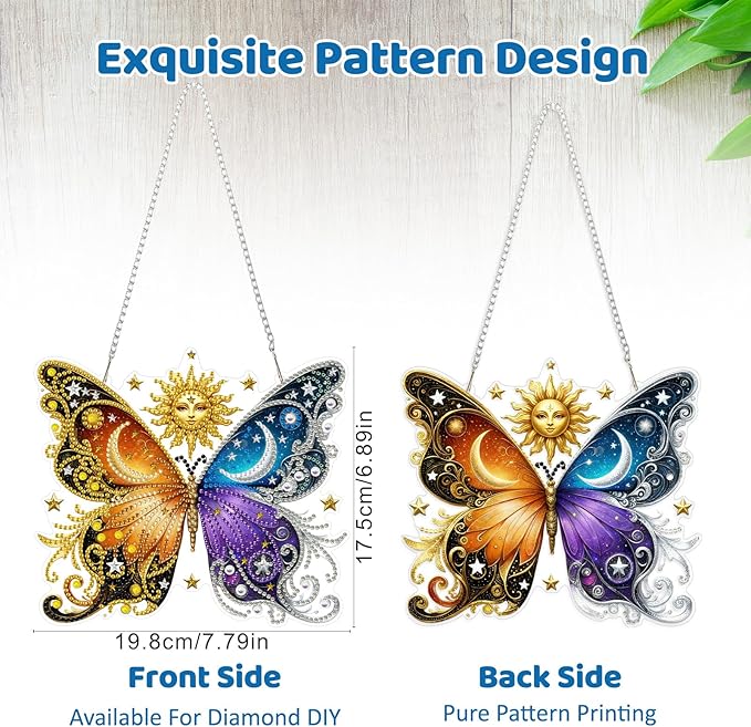 MEIYUDA Butterfly Diamond Art Hanging Kits for Adult, Butterfly Sun Moon Diamond Painting Hanging Kits Ornaments, DIY Special Shaped Rhinestone Window Pendants kit for Home Garden Wall Decor Gift