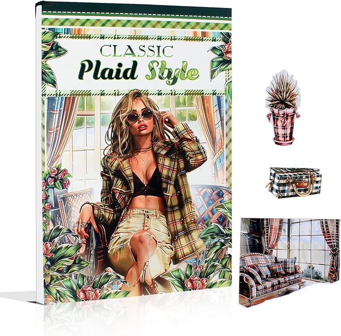 Dwpetzo Classic Plaid Pe-Cut Journaling Sticker Book for Women, PET, Washi, and Craft Paper Stickers for Junk Journal Supplies, Scrapbooking, Planner, Bujo, Collage, 20 Sheets, A5 Size