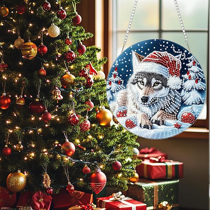 SENQAO Christmas Diamond Art Hanging Kits for Adults Kids, Wolf Diamond Art Suncatchers, 5D Special Shape Diamond Painting Pendant Window Ornament Gifts for Home Door Wall Decor