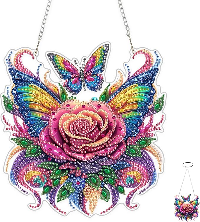 TOSTOG Flower Diamond Art Hanging Kits for Adults, Butterfly Diamond Painting for Adults Window Pendant, Special Shape Diamonds Diamond Painting Hanging Pendant Kit for Decor Gift