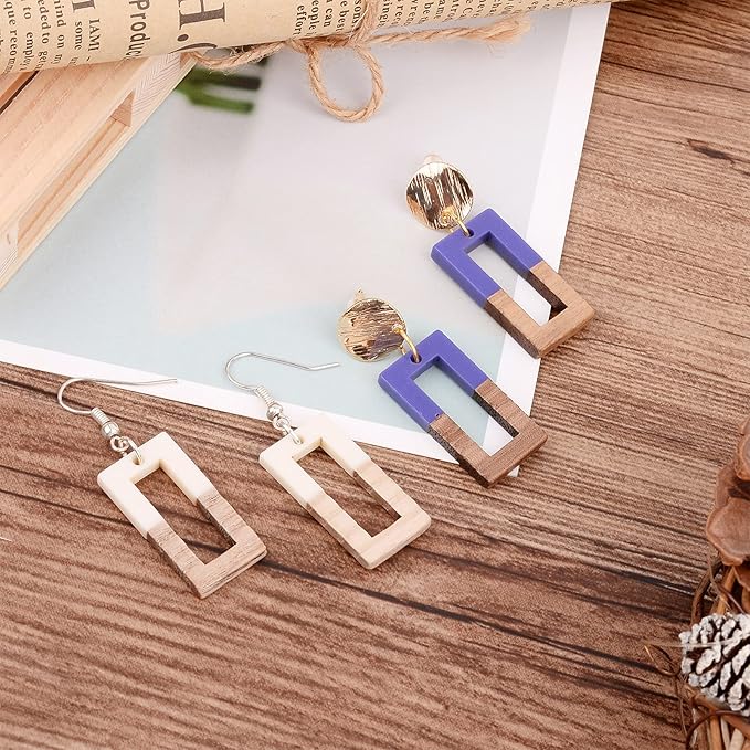 Beadthoven 22pcs/11 Pairs Natural Wood Resin Charms Hollow Rectangle DIY Earrings Pendants Mixed Colors Rectangle Frame Wooden Pieces Pendants for Statement Jewelry Making Findings
