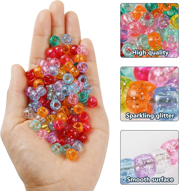 simetufy 1200 pcs pony beads 6x9mm glitter clear plastic beads transparent beads with sparkling glitter assorted 10 colors for diy craft jewelry bracelets making, hair braiding, keychains ornaments