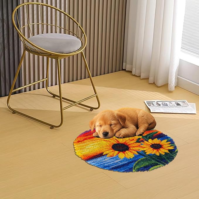 Latch Hook Rug Kit Sunflowers Beside Sea and Sunset Stamped Handmade Round Shape Carpet Crochet Yarn Craft DIY Hook and Latch Door Mat Tapestry Christmas Home Floor Decor 20x20in-8