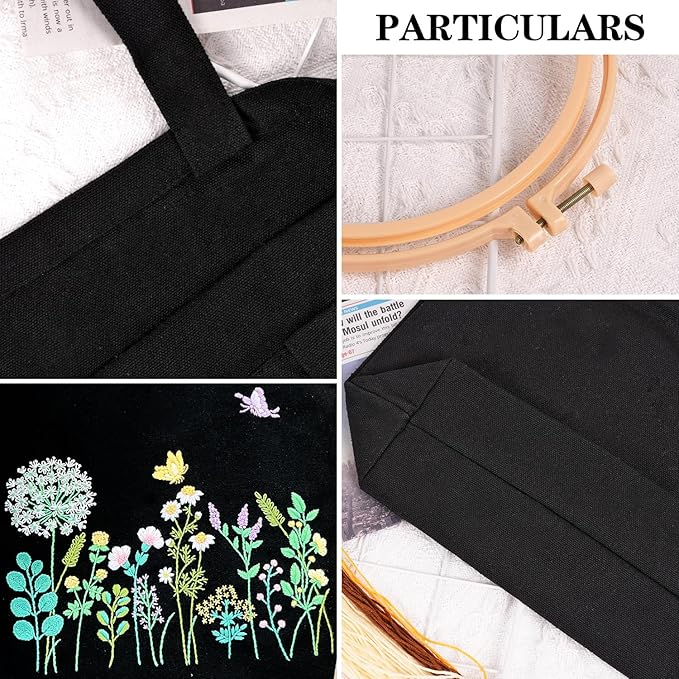Canvas Tote Bag Embroidery Kit, Embroidery Kit for Beginners Adults, Embroidery Starter kit with Flower Pattern, Canvas Bag Cross Stitch Kits, Cross Stitch Kit with Hoops, Color Threads and Tool