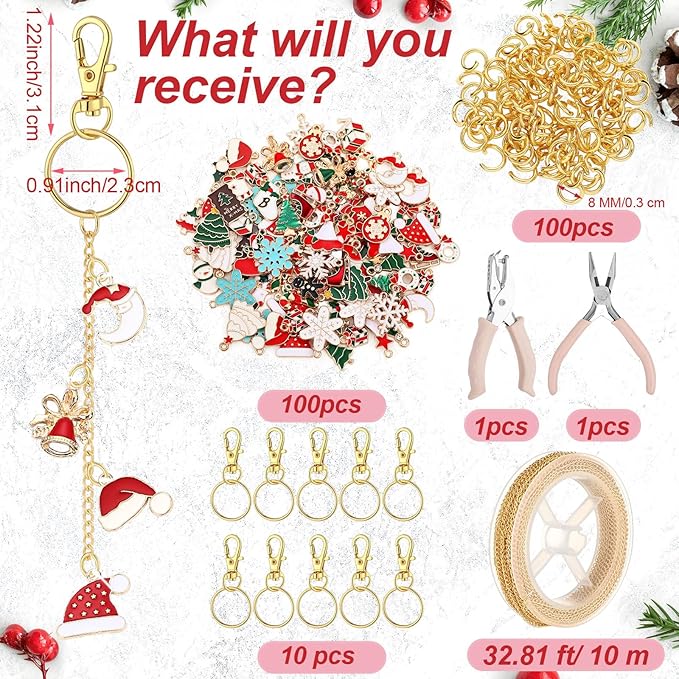 VioraWhite 213 Pcs Christmas Theme Lip Gloss Keychain Making Kit 100 Pink Enamel Charms 32.81 ft Gold Chains for DIY Crafts Women