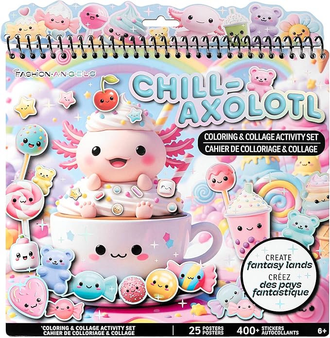 Fashion Angels Chill Axolotl Coloring & Collage Activity Set, Includes 400+ Stickers, Sticker-by-Number & Coloring Pages with Mystical, Cosmic & Candy-Themed Scenes, Creative Art Kit for Kids Ages 6+