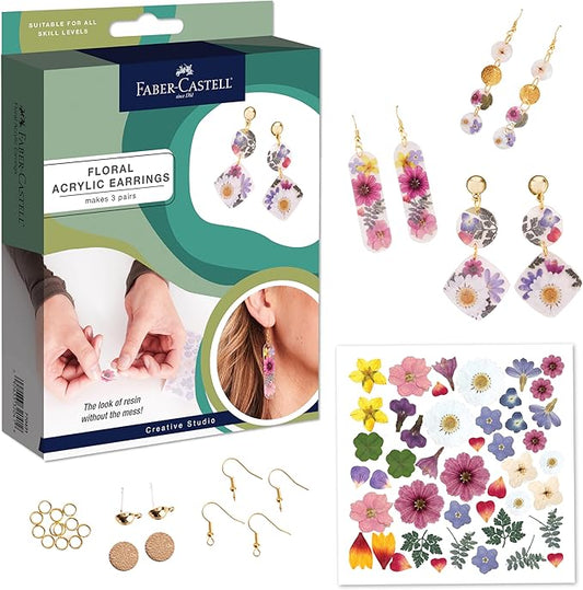 Faber-Castell Pressed Floral Acrylic Earrings - Create 3 Earrings, Jewelry Making Kit and Crafts for Adults, Pressed Floral Earring Making Kit, Easter Basket Stuffers