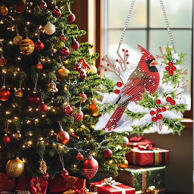 SENQAO Christmas Diamond Art Hanging Kits for Adults, Christmas Snow Cardinal Diamond Art Suncatchers, 5D Special Shape Diamond Painting Pendant Window Ornament Gifts for Home Door Wall Decor