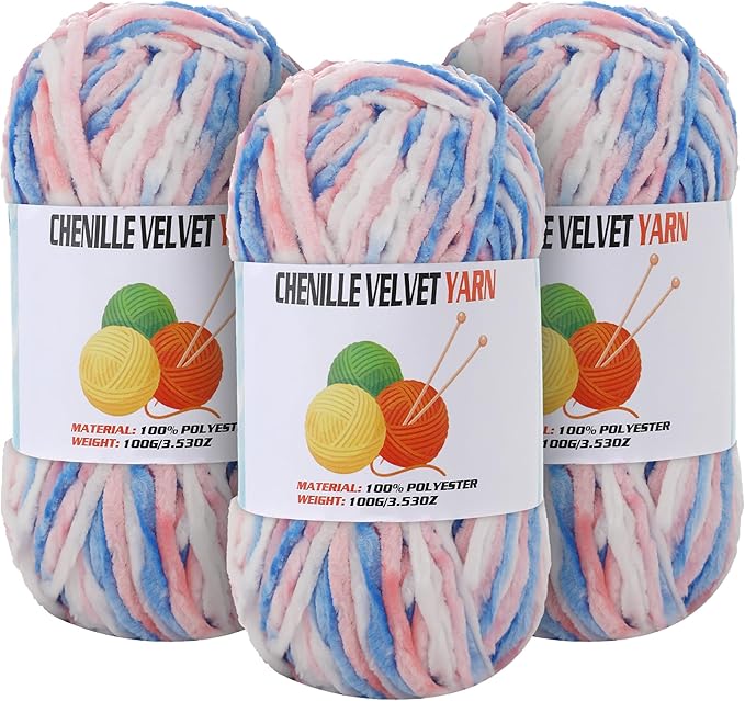 3 * 100g Velvet Chenille Chunky Yarn for Crocheting, Handcrafts Weaving Soft Chenille Yarn for Crocheting Clearance, Used for Making Baby Yarns Blanket, Clothes, Knitting Creations (Colorful - E)