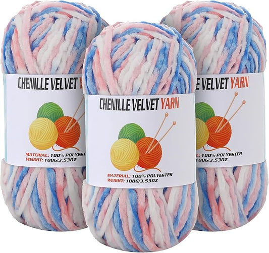 3 * 100g Velvet Chenille Chunky Yarn for Crocheting, Handcrafts Weaving Soft Chenille Yarn for Crocheting Clearance, Used for Making Baby Yarns Blanket, Clothes, Knitting Creations (Colorful - E)