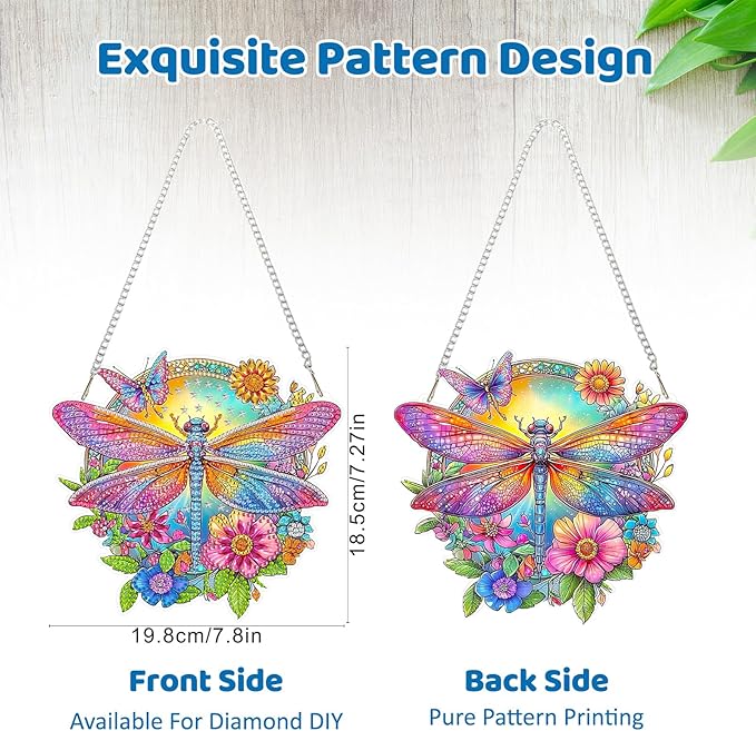 MEIYUDA Dragonfly Diamond Painting Pendant Kits, DIY Flowers Diamond Art Window Hanging Ornament for Adults, 5D Special Shape Rhinestone Pendant for Home Decoration
