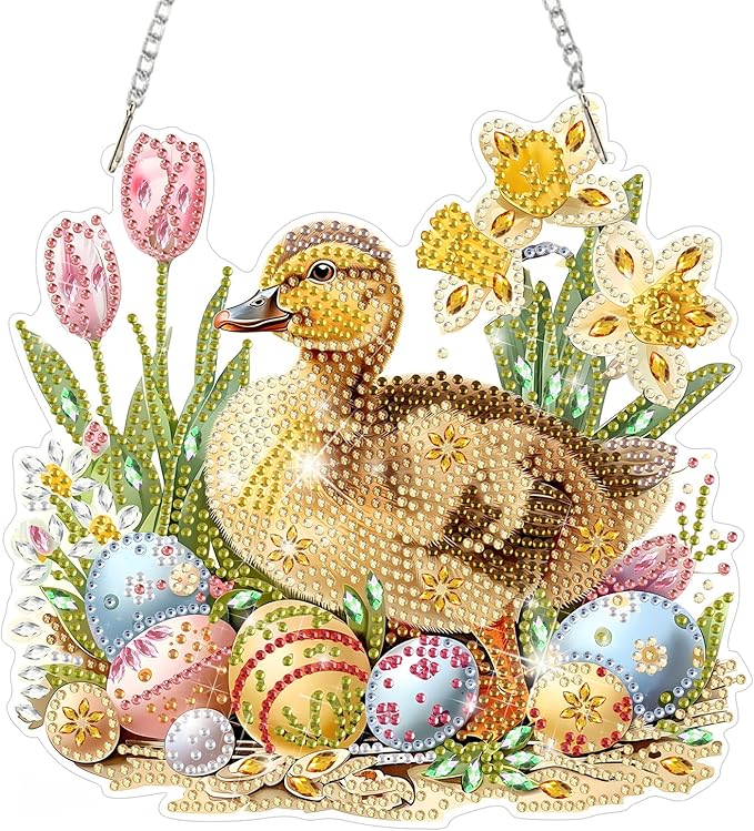 DOMROM Duck Diamond Art Hanging Kit for Adult, Easter Special Shaped Crystal Diamond Painting Duck Pendant, DIY Diamond Art Suncatchers Animal for Home Garden Wall Decor Gift