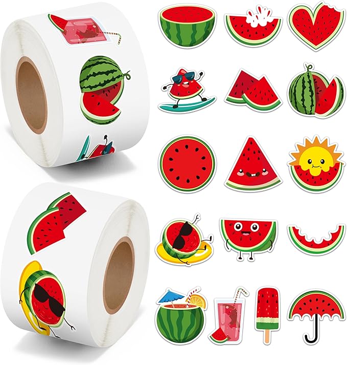 beyumi summer watermelon roll stickers - 1000pcs watermelon stickers in 2 rolls waterproof vinyl juice popsicle fruit decals for phone laptop bottle notebook luggage computer envelope decor for kids