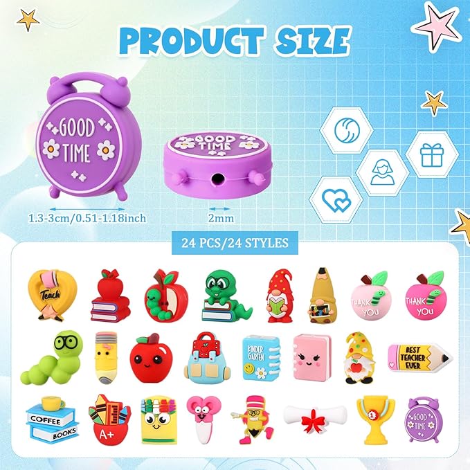 24 Pcs 3D Silicone Focal Beads Pens Beads Bulk for Beadable Keychain DIY Crafts Necklace Bracelet Phone Chain Charms Jewelry Making (Teachers' Day)
