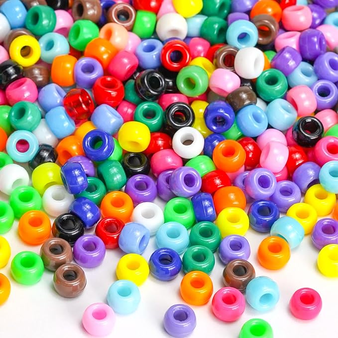 1000+Pcs Pony Beads for Bracelets, 12 Colors Rave Kandi Bead Bulk Plastic Hair Beads for Jewelry Making Rainbow Colorful Large Hole Bead Arts and Crafts DIY Necklace Keychain Making