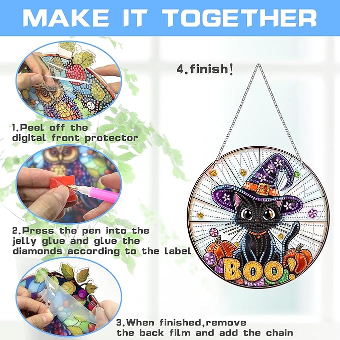 VAIIEYO Halloween Diamond Art Hanging Ornament, Black Cat Diamond Painting Suncatchers Window Hanging Kit with Chain, 7.5x7.5 inch Crystal Pendant Art Craft for Gift Home Wall Front Door Decoration
