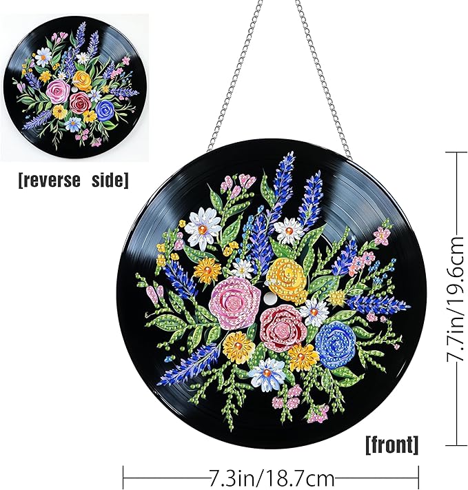LOMSIOY Diamond Art Hanging Kit for Adult, Bouquet Front Door Sign Window Ornament for Outdoor, Records Double Sided Summer Decor Suncatcers for Porch, Hanging Pendants for Garden Wall （8x8 Inch