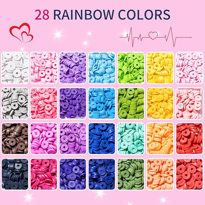 28 Colors 3500 Pcs Clay Beads Kit for Bracelets Making, Flat Round Polymer Spacer heishi Clay Beads for Craft and Jewelry Making