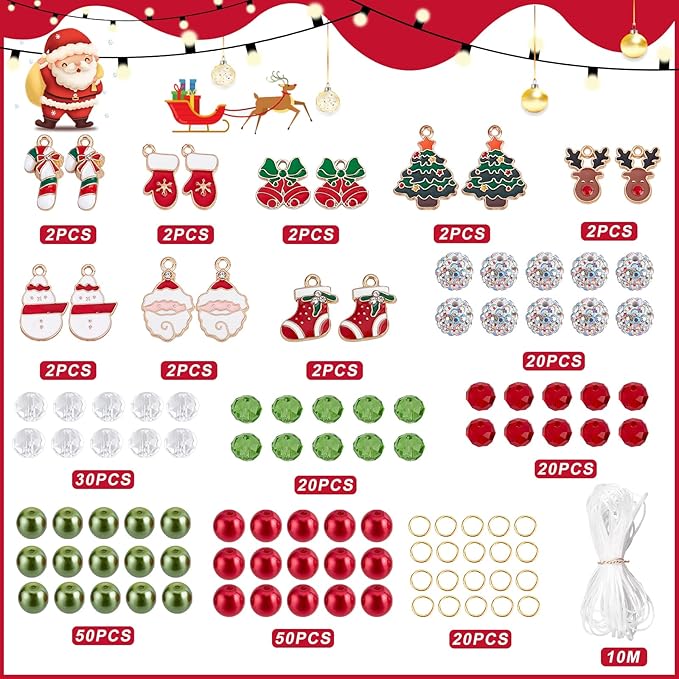 SUNNYCLUE 1 Box 226Pcs 6Sets Christmas Enamel Charms Christmas Tree Bracelet Making Kit Reindeer Socks Candy Cane Santa Claus Glass Beads Snowman Charms for Jewelry Making Kits Adult Xmas Gifts