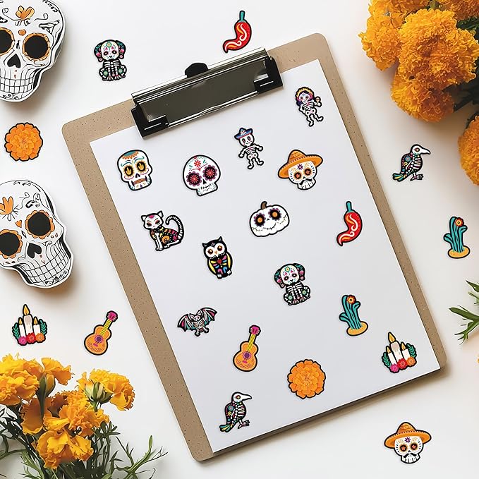 beyumi sugar skull roll stickers - 1000pcs day of the dead stickers in 2 rolls dia de los muertos sugar skull waterproof vinyl decals halloween mexican festival party supplies classroom decor