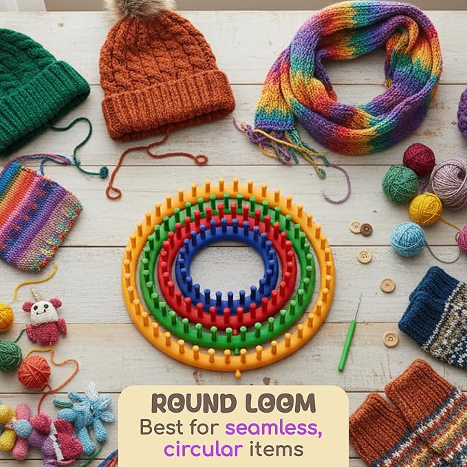 olikraft knitting loom kit - 4 round, 2 rectangular yarn looms - chunky blanket loom - for crochet, hat, scarf