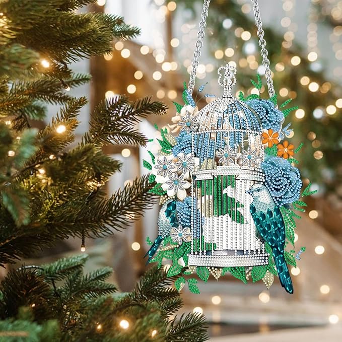 Flower Birdcage Design DIY Diamond Art Painting Wreath Kits Special Shaped Rhinestone Diamond Art Window Pendants Home Garden Wall Hanging Kits (Single Side Point Drill) (#11-Cat) (#05-Bird)