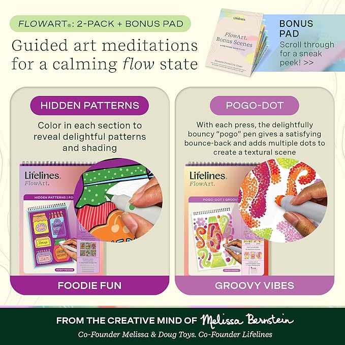 Lifelines FlowArt Activity Pads, 2-Pack & Bonus Pad - Guided Art Meditations - 2 Sets of Markers & 48 Scenes - Hidden Patterns & Pogo-Dot Coloring Books for Tweens, Adults & Seniors
