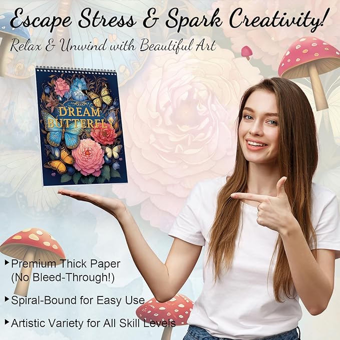 Adult Coloring Book for Women Relaxation Spiral Bound Thick Paper Page One Sided Design Gifts Arts and Crafts for Women to Relax, Anxiety and Depression 30 Colorful Coloring Pages of Dream Butterfly