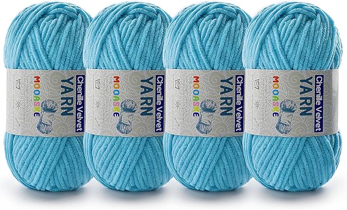 4 Pac Chenille Yarn for Crocheting - Blanket Yarn for Crocheting - Fluffy Yarn for Crochet, Baby Yarn for Crocheting Soft Blankets Weight Per Roll 50g/1.76oz, Length 60m/65yard (Azure)