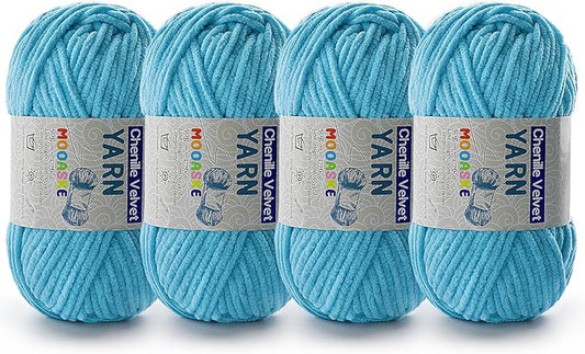 4 Pac Chenille Yarn for Crocheting - Blanket Yarn for Crocheting - Fluffy Yarn for Crochet, Baby Yarn for Crocheting Soft Blankets Weight Per Roll 50g/1.76oz, Length 60m/65yard (Azure)
