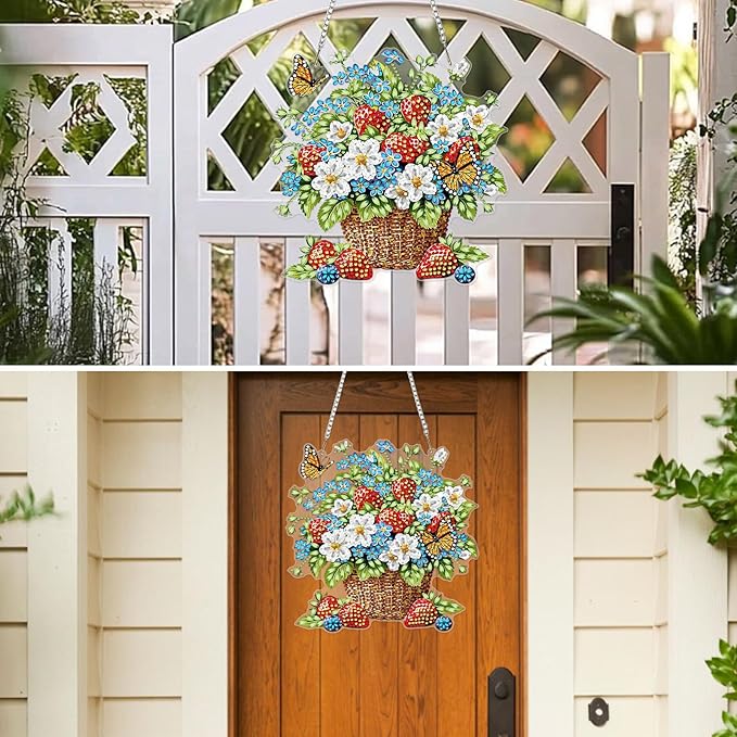 MXJSUA Strawberries Flowers Diamond Painting Art Window Suncatchers, Diamond Art Kits for Adults Hanging Ornaments with Chain, 5D Special Shape Crystal Diamond Pendant Accessories for Decor Gift
